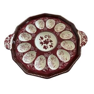 Temp-tations Deviled Egg Tray Red Platter Floral 13.5” Maroon 12 Eggs Dish Tara